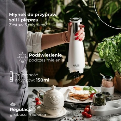 Adler Młynek do przypraw, soli i pieprzu - Zestaw 3 młynków - USB