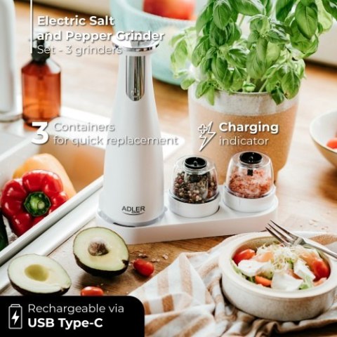 Adler Młynek do przypraw, soli i pieprzu - Zestaw 3 młynków - USB