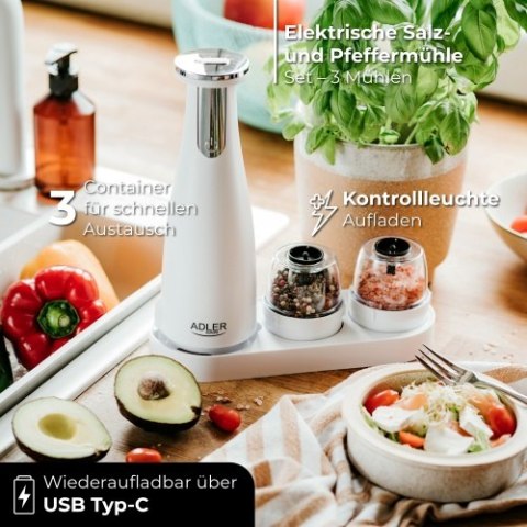 Adler Młynek do przypraw, soli i pieprzu - Zestaw 3 młynków - USB