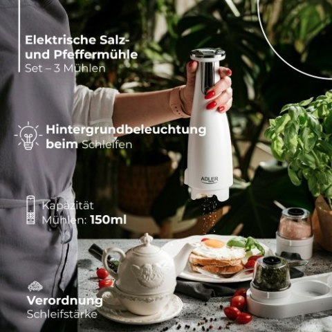 Adler Młynek do przypraw, soli i pieprzu - Zestaw 3 młynków - USB