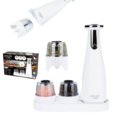 Adler Młynek do przypraw, soli i pieprzu - Zestaw 3 młynków - USB
