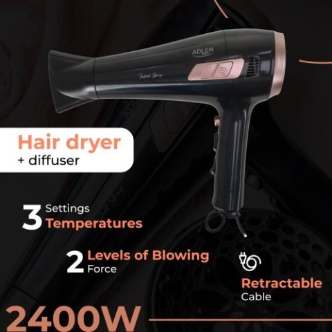 Adler Suszarka ze zwijanym przewodem - 2400W + dyfuzor