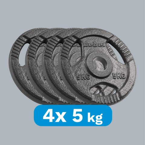 Obciążenie żeliwne olimpijskie zestaw 4x5kg, otwór 51mm, talerz z uchwytami, REBEL ACTIVE