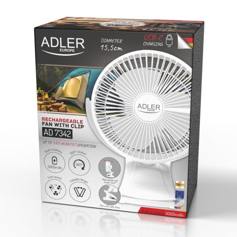 Adler Wentylator biurkowy z klipsem |Akumulatorowy| 15,5 cm | 360° obrót| USB-C |