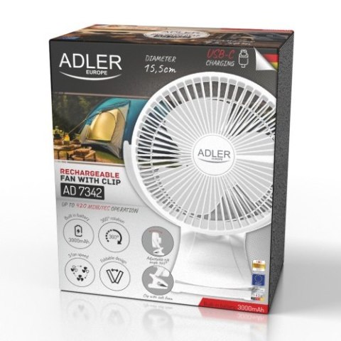 Adler Wentylator biurkowy z klipsem |Akumulatorowy| 15,5 cm | 360° obrót| USB-C |