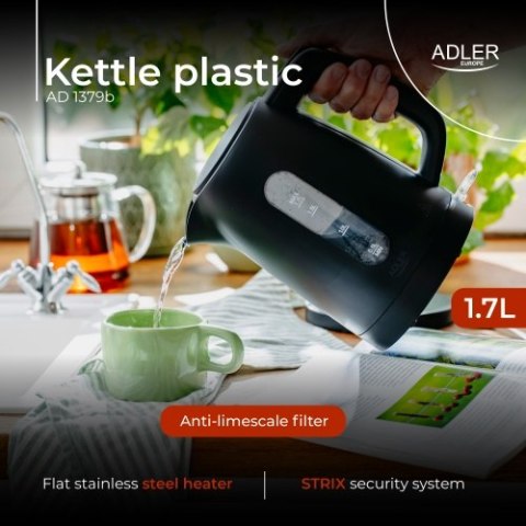Adler Czajnik elektryczny 1,7 L | STRIX | Płaska grzałka | Automatyczne wyłączanie | czarny