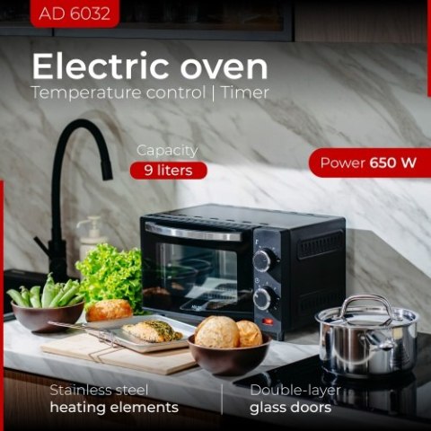 Adler Piekarnik elektryczny 9L | Regulacja temperatury | Minutnik |