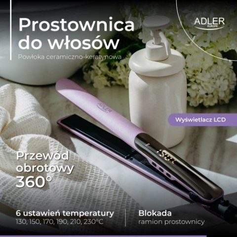 Adler Prostownica do włosów keratynowa | Powłoka ceramiczno-keratynowa | Wyświetlacz LCD | 6 poziomów temp. | Etui + rękawiczka termic