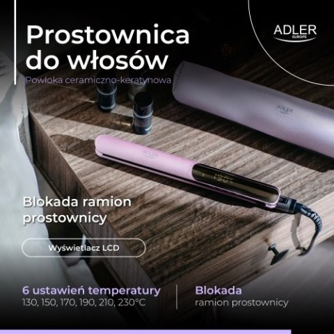 Adler Prostownica do włosów keratynowa | Powłoka ceramiczno-keratynowa | Wyświetlacz LCD | 6 poziomów temp. | Etui + rękawiczka termic