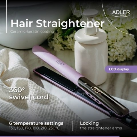 Adler Prostownica do włosów keratynowa | Powłoka ceramiczno-keratynowa | Wyświetlacz LCD | 6 poziomów temp. | Etui + rękawiczka termic