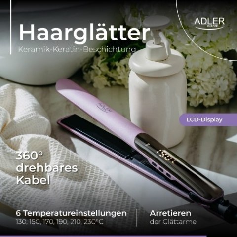 Adler Prostownica do włosów keratynowa | Powłoka ceramiczno-keratynowa | Wyświetlacz LCD | 6 poziomów temp. | Etui + rękawiczka termic