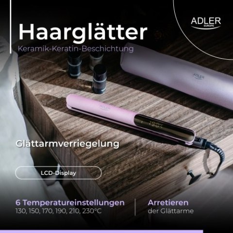Adler Prostownica do włosów keratynowa | Powłoka ceramiczno-keratynowa | Wyświetlacz LCD | 6 poziomów temp. | Etui + rękawiczka termic
