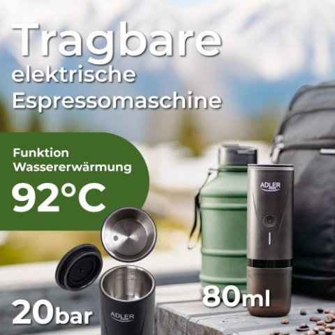 Adler Ekspres przenośny do kawy | Bateriia 7500mAh | Ciśnienie 20 BAR | Zasilanie USB