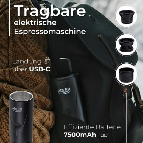 Adler Ekspres przenośny do kawy | Bateriia 7500mAh | Ciśnienie 20 BAR | Zasilanie USB
