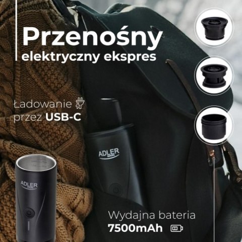 Adler Ekspres przenośny do kawy | Bateriia 7500mAh | Ciśnienie 20 BAR | Zasilanie USB