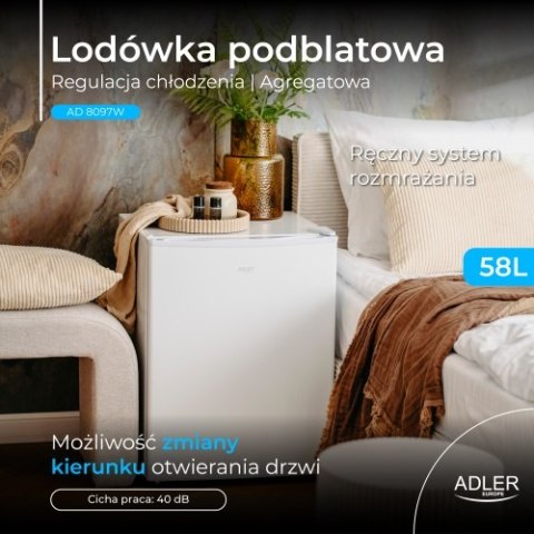 Adler Wolnostojąca lodówka podblatowa 58L| Metalowe drzwi | Regulacja chłodzenia | Agregatowa | Biała