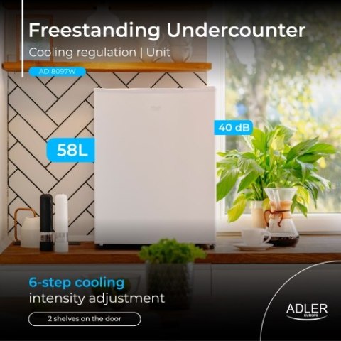 Adler Wolnostojąca lodówka podblatowa 58L| Metalowe drzwi | Regulacja chłodzenia | Agregatowa | Biała