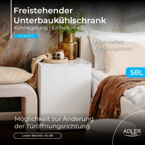 Adler Wolnostojąca lodówka podblatowa 58L| Metalowe drzwi | Regulacja chłodzenia | Agregatowa | Biała