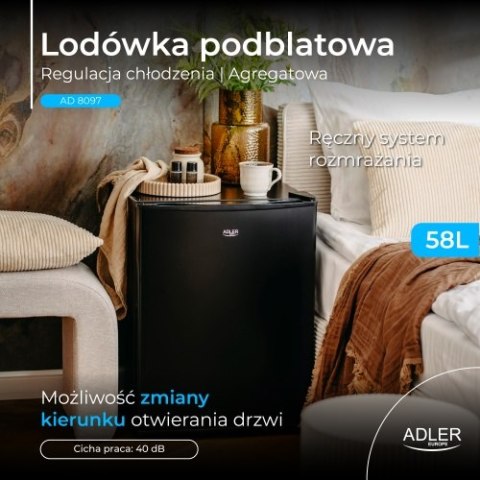Adler Wolnostojąca lodówka podblatowa 58L| Metalowe drzwi | Regulacja chłodzenia | Agregatowa | Czarna
