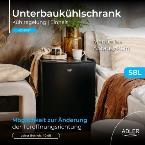 Adler Wolnostojąca lodówka podblatowa 58L| Metalowe drzwi | Regulacja chłodzenia | Agregatowa | Czarna