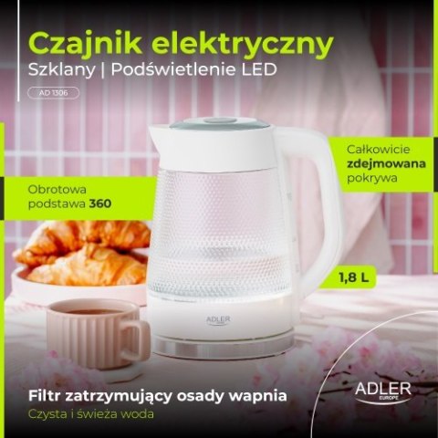 Adler Czajnik elektryczny szklany | Pojemność 1,8 L | Podświetlenie LED