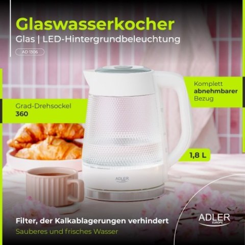 Adler Czajnik elektryczny szklany | Pojemność 1,8 L | Podświetlenie LED