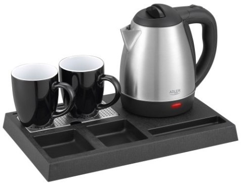 Adler Czajnik hotelowy ze stali nierdzewnej 1,2 l | Taca powitalna z kubkami i przegródkami