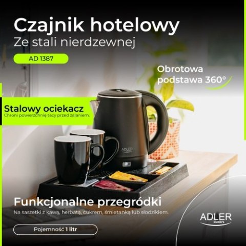 Adler Czajnik hotelowy ze stali nierdzewnej o pojemności 1,0 l | Tacka powitalna z kubkami i przegródkami