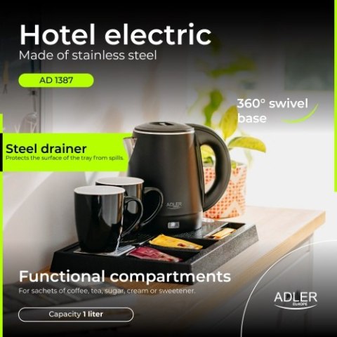 Adler Czajnik hotelowy ze stali nierdzewnej o pojemności 1,0 l | Tacka powitalna z kubkami i przegródkami