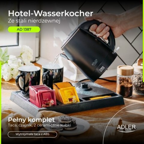 Adler Czajnik hotelowy ze stali nierdzewnej o pojemności 1,0 l | Tacka powitalna z kubkami i przegródkami