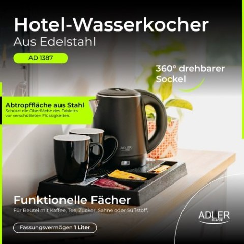 Adler Czajnik hotelowy ze stali nierdzewnej o pojemności 1,0 l | Tacka powitalna z kubkami i przegródkami