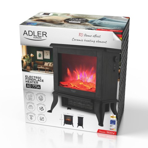 Adler Kominek elektryczny | 2 poziomy grzania: 1000W / 1800W | Efekt 3D płomienia | Termostat