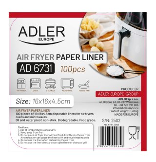 Adler Papierowe wkłady do frytkownicy - 16 cm| 100 szt. | Do 240°C | Biodegradowalne
