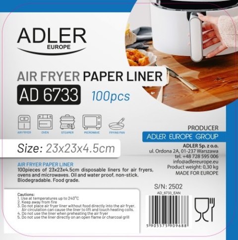 Adler Papierowe wkłady do frytkownicy powietrznej | 100 szt. | 23 cm | Do 240°C | Biodegradowalne
