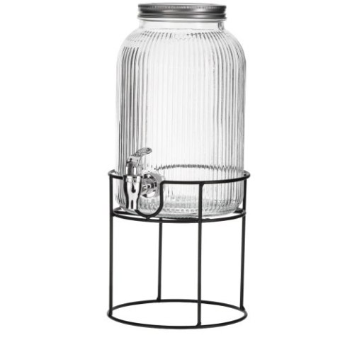 Adler Słój do napojów z kranikiem 4L | Szklany dyspenser z ryflowanym szkłem i metalowym stojakiem