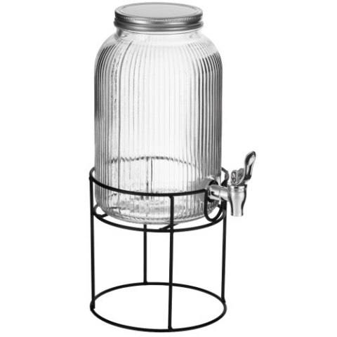 Adler Słój do napojów z kranikiem 4L | Szklany dyspenser z ryflowanym szkłem i metalowym stojakiem