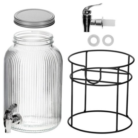 Adler Słój do napojów z kranikiem 4L | Szklany dyspenser z ryflowanym szkłem i metalowym stojakiem