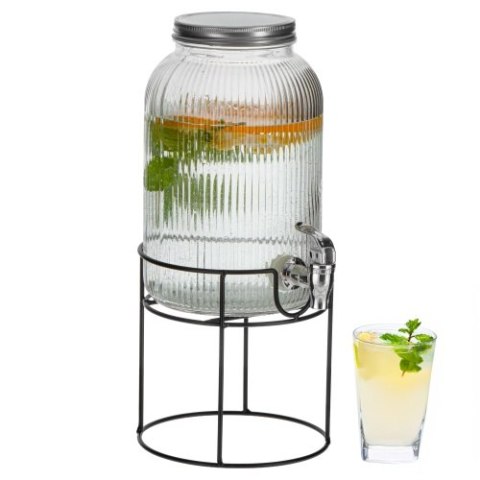 Adler Słój do napojów z kranikiem 4L | Szklany dyspenser z ryflowanym szkłem i metalowym stojakiem