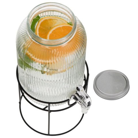 Adler Słój do napojów z kranikiem 4L | Szklany dyspenser z ryflowanym szkłem i metalowym stojakiem