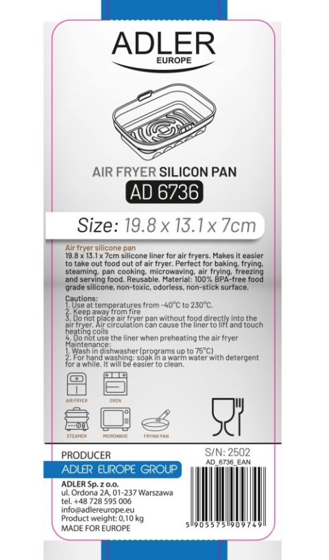 Adler Tacka silikonowa do frytkownicy powietrznej | 19,8 cm x 13,1 cm | Wielokrotnego użytku | Silikon spożywczy BPA Free