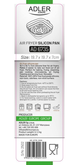 Adler Tacka silikonowa do frytkownicy powietrznej | Kwadratowa | 19,7 cm | Wielokrotnego użytku | Silikon spożywczy BPA Free