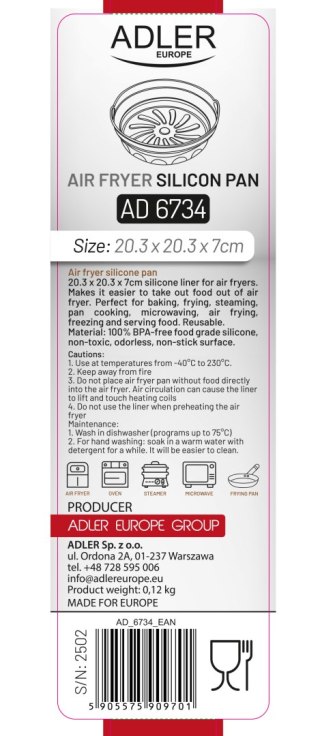 Adler Tacka silikonowa do frytkownicy powietrznej | Okrągła | 20,3 cm | Wielokrotnego użytku | Silikon spożywczy BPA Free