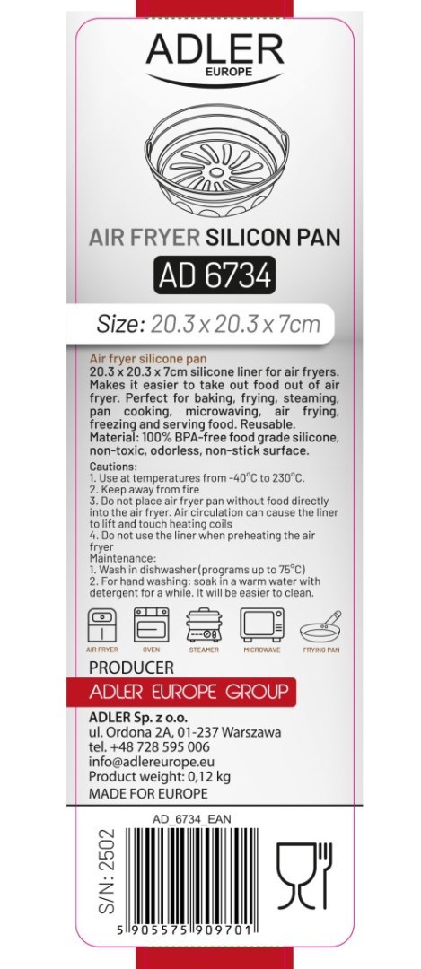 Adler Tacka silikonowa do frytkownicy powietrznej | Okrągła | 20,3 cm | Wielokrotnego użytku | Silikon spożywczy BPA Free