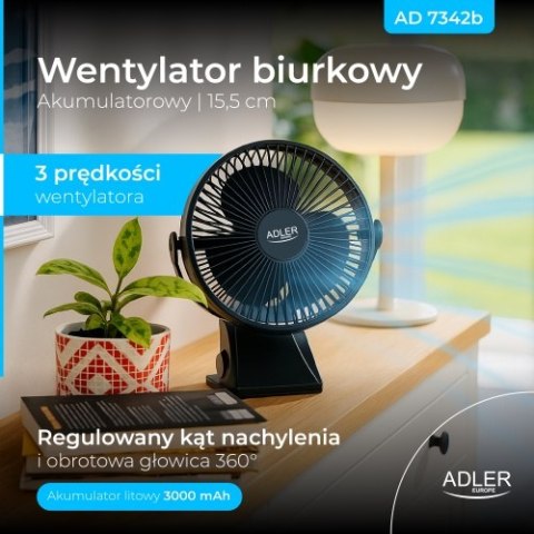 Adler Wentylator biurkowy z klipsem |Akumulatorowy| 15,5 cm | 360° obrót| USB-C |