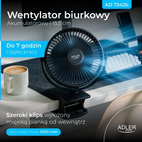 Adler Wentylator biurkowy z klipsem |Akumulatorowy| 15,5 cm | 360° obrót| USB-C |