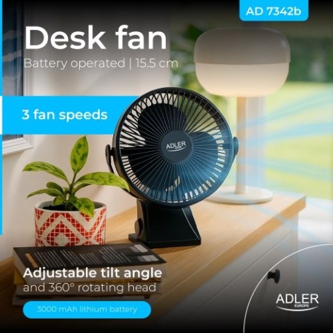Adler Wentylator biurkowy z klipsem |Akumulatorowy| 15,5 cm | 360° obrót| USB-C |