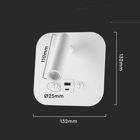 Oprawa LED V-TAC 8W CREE kinkiet biały USB+USB C włącznik VT-80068-W 3000K 830lm