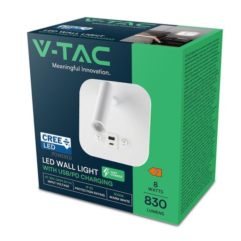 Oprawa LED V-TAC 8W CREE kinkiet biały USB+USB C włącznik VT-80068-W 3000K 830lm