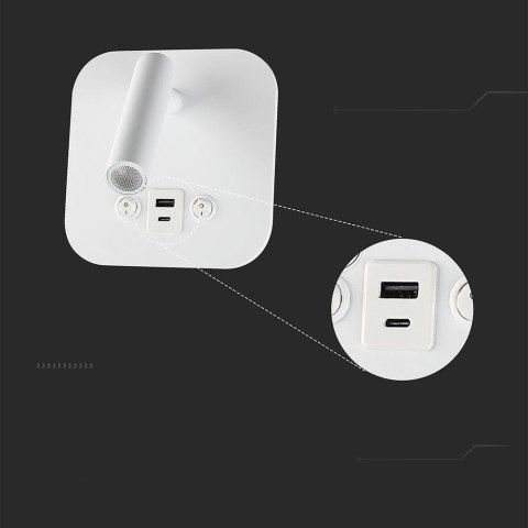 Oprawa LED V-TAC 8W CREE kinkiet biały USB+USB C włącznik VT-80068-W 3000K 830lm