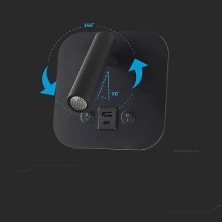 Oprawa LED V-TAC 8W COB CREE kinkiet czarny hotel łóżko USB+USB C włącznik VT-80068-B 3000K 830lm